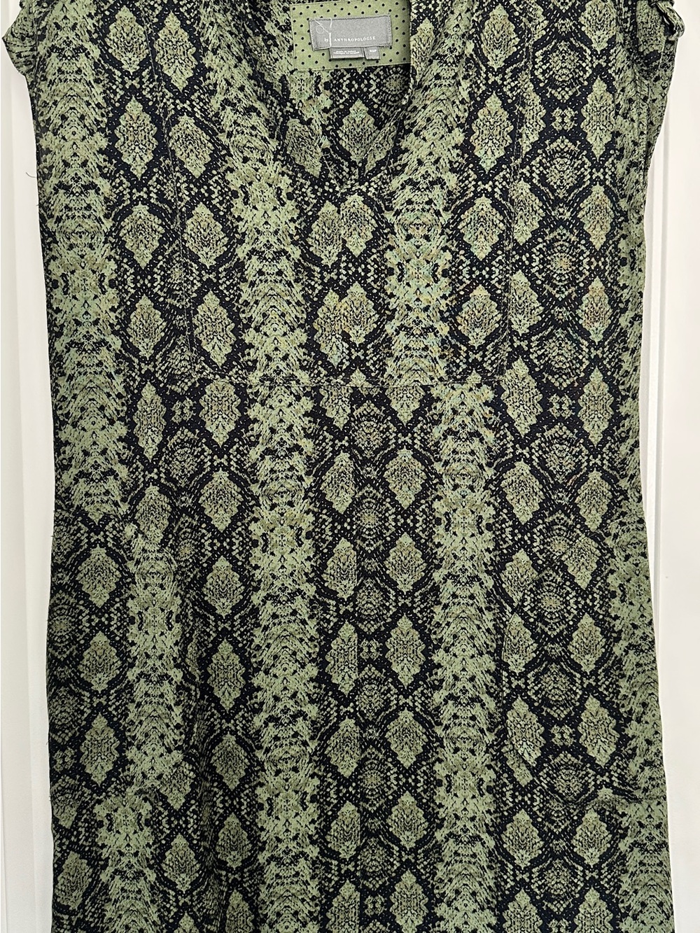 Anthropologie Snake Print Shift Dress XS Petite Green Black Cap Sleeve Boho